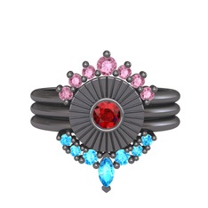 Minimal Tria Cora Yüzük - Pembe kuvars, garnet ve akuamarin 925 ayar siyah rodyum kaplama gümüş yüzük #1ulcoqr