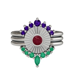 Minimal Tria Cora Yüzük - Ametist, kök yakut ve kök zümrüt 18 ayar beyaz altın yüzük #1uvmwwv