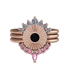 Minimal Tria Cora Yüzük - Pırlanta, siyah zirkon ve pembe kuvars 18 ayar rose altın yüzük (0.42 karat) #1uxg0se