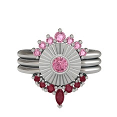 Minimal Tria Cora Yüzük - Pembe kuvars ve kök yakut 14 ayar beyaz altın yüzük #1vbjptx