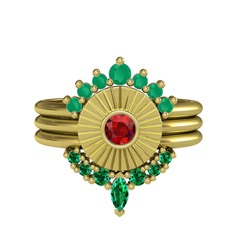 Minimal Tria Cora Yüzük - Kök zümrüt, garnet ve yeşil kuvars 14 ayar altın yüzük #1vk3fby