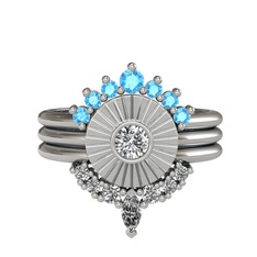 Akuamarin, swarovski ve beyaz zirkon 8 ayar beyaz altın yüzük