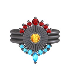 Minimal Tria Cora Yüzük - Garnet, sitrin ve akuamarin 925 ayar siyah rodyum kaplama gümüş yüzük #1vr7u0f