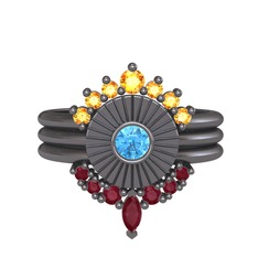 Minimal Tria Cora Yüzük - Sitrin, akuamarin ve kök yakut 925 ayar siyah rodyum kaplama gümüş yüzük #1w5kpgv