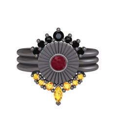 Minimal Tria Cora Yüzük - Siyah zirkon, kök yakut ve sitrin 925 ayar siyah rodyum kaplama gümüş yüzük #1w6b4xd