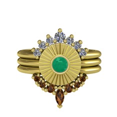 Minimal Tria Cora Yüzük - Pırlanta, kök zümrüt ve dumanlı kuvars 14 ayar altın yüzük (0.42 karat) #1w9jvmn