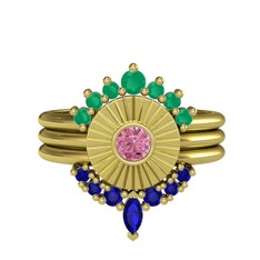 Minimal Tria Cora Yüzük - Kök zümrüt, pembe kuvars ve lab safir 8 ayar altın yüzük #1waap69