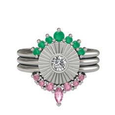 Kök zümrüt, beyaz zirkon ve pembe kuvars 925 ayar gümüş yüzük