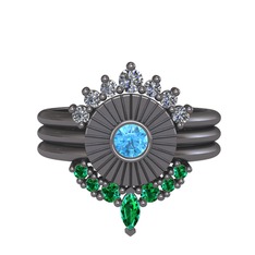 Minimal Tria Cora Yüzük - Pırlanta, akuamarin ve yeşil kuvars 925 ayar siyah rodyum kaplama gümüş yüzük (0.42 karat) #1wlucnn