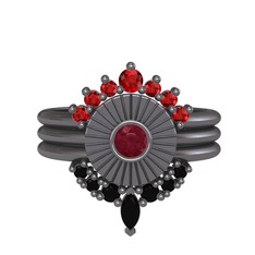 Minimal Tria Cora Yüzük - Garnet, kök yakut ve siyah zirkon 925 ayar siyah rodyum kaplama gümüş yüzük #1wm4h3s