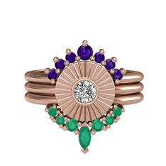 Minimal Tria Cora Yüzük - Ametist, swarovski ve kök zümrüt 8 ayar rose altın yüzük #1wnzt28