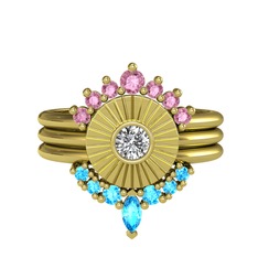 Minimal Tria Cora Yüzük - Pembe kuvars, swarovski ve akuamarin 18 ayar altın yüzük #1wt26rw