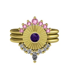 Minimal Tria Cora Yüzük - Pembe kuvars, ametist ve swarovski 925 ayar altın kaplama gümüş yüzük #1wy1565