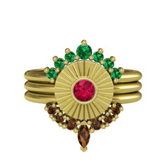 Minimal Tria Cora Yüzük - Yeşil kuvars, rodolit garnet ve dumanlı kuvars 18 ayar altın yüzük #1wz30s7