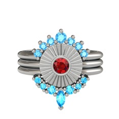 Minimal Tria Cora Yüzük - Akuamarin ve garnet 14 ayar beyaz altın yüzük #1x070z7