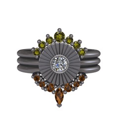 Minimal Tria Cora Yüzük - Peridot, pırlanta ve dumanlı kuvars 925 ayar siyah rodyum kaplama gümüş yüzük (0.16 karat) #1x1zjwq