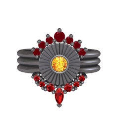 Kök yakut, sitrin ve garnet 925 ayar siyah rodyum kaplama gümüş yüzük