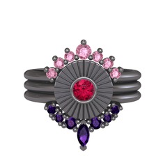 Minimal Tria Cora Yüzük - Pembe kuvars, rodolit garnet ve ametist 925 ayar siyah rodyum kaplama gümüş yüzük #1xjukna