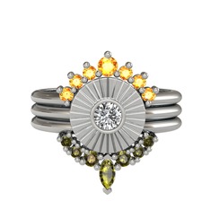 Minimal Tria Cora Yüzük - Sitrin, swarovski ve peridot 14 ayar beyaz altın yüzük #1xo3to9