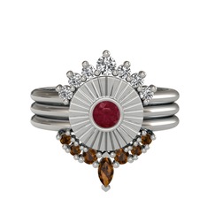 Minimal Tria Cora Yüzük - Swarovski, kök yakut ve dumanlı kuvars 14 ayar beyaz altın yüzük #1xt47ev