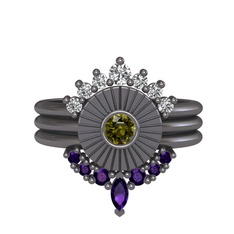 Minimal Tria Cora Yüzük - Swarovski, peridot ve ametist 925 ayar siyah rodyum kaplama gümüş yüzük #1y2466m