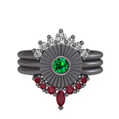 Minimal Tria Cora Yüzük - Swarovski, yeşil kuvars ve kök yakut 925 ayar siyah rodyum kaplama gümüş yüzük #1yb50va