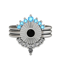 Minimal Tria Cora Yüzük - Akuamarin, siyah zirkon ve beyaz zirkon 14 ayar beyaz altın yüzük #1ycmpat