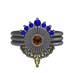 Minimal Tria Cora Yüzük - Lab safir, dumanlı kuvars ve peridot 925 ayar siyah rodyum kaplama gümüş yüzük #1ym32yj