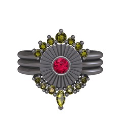 Peridot ve rodolit garnet 925 ayar siyah rodyum kaplama gümüş yüzük