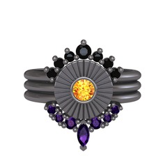 Minimal Tria Cora Yüzük - Siyah zirkon, sitrin ve ametist 925 ayar siyah rodyum kaplama gümüş yüzük #21jf0s