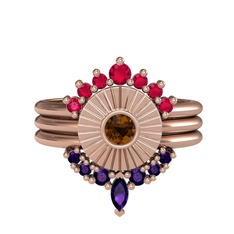 Rodolit garnet, dumanlı kuvars ve ametist 925 ayar rose altın kaplama gümüş yüzük