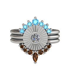 Minimal Tria Cora Yüzük - Akuamarin, pırlanta ve dumanlı kuvars 14 ayar beyaz altın yüzük (0.16 karat) #2am68v