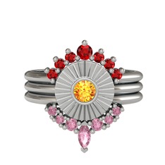 Minimal Tria Cora Yüzük - Garnet, sitrin ve pembe kuvars 14 ayar beyaz altın yüzük #2kkoyl