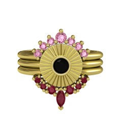 Minimal Tria Cora Yüzük - Pembe kuvars, siyah zirkon ve kök yakut 8 ayar altın yüzük #2o5nxp