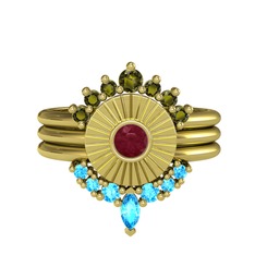 Minimal Tria Cora Yüzük - Peridot, kök yakut ve akuamarin 14 ayar altın yüzük #2u2vmy