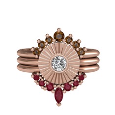 Minimal Tria Cora Yüzük - Dumanlı kuvars, swarovski ve kök yakut 18 ayar rose altın yüzük #30n3u0