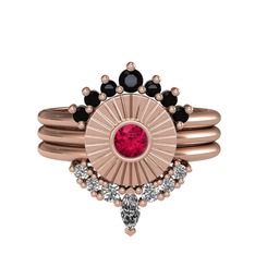Minimal Tria Cora Yüzük - Siyah zirkon, rodolit garnet ve beyaz zirkon 14 ayar rose altın yüzük #35875l