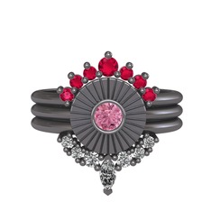 Minimal Tria Cora Yüzük - Rodolit garnet, pembe kuvars ve beyaz zirkon 925 ayar siyah rodyum kaplama gümüş yüzük #38j1b2