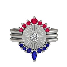 Minimal Tria Cora Yüzük - Rodolit garnet, swarovski ve lab safir 14 ayar beyaz altın yüzük #3g16t4