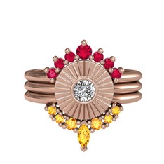 Minimal Tria Cora Yüzük - Rodolit garnet, swarovski ve sitrin 14 ayar rose altın yüzük #3hww13