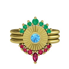 Kök zümrüt, akuamarin ve rodolit garnet 14 ayar altın yüzük