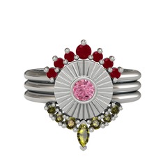 Minimal Tria Cora Yüzük - Kök yakut, pembe kuvars ve peridot 8 ayar beyaz altın yüzük #3jje5v