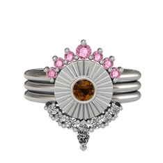 Minimal Tria Cora Yüzük - Pembe kuvars, dumanlı kuvars ve swarovski 14 ayar beyaz altın yüzük #3tidw2