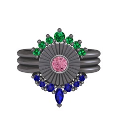 Minimal Tria Cora Yüzük - Yeşil kuvars, pembe kuvars ve lab safir 925 ayar siyah rodyum kaplama gümüş yüzük #440cc5