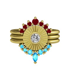 Minimal Tria Cora Yüzük - Kök yakut, swarovski ve akuamarin 18 ayar altın yüzük #4aa8pu