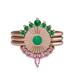 Yeşil kuvars, kök zümrüt ve pembe kuvars 8 ayar rose altın yüzük