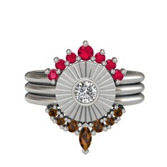 Minimal Tria Cora Yüzük - Rodolit garnet, beyaz zirkon ve dumanlı kuvars 8 ayar beyaz altın yüzük #4c4gg5