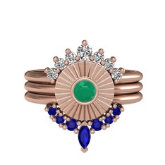 Minimal Tria Cora Yüzük - Swarovski, kök zümrüt ve lab safir 14 ayar rose altın yüzük #4f8f61