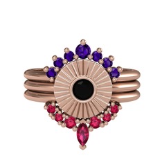 Minimal Tria Cora Yüzük - Ametist, siyah zirkon ve rodolit garnet 8 ayar rose altın yüzük #4l6q7k