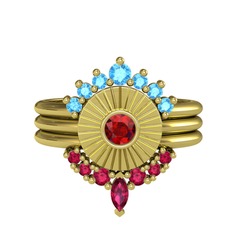 Akuamarin, garnet ve rodolit garnet 14 ayar altın yüzük